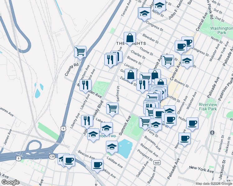 map of restaurants, bars, coffee shops, grocery stores, and more near 134 Sherman Place in Jersey City
