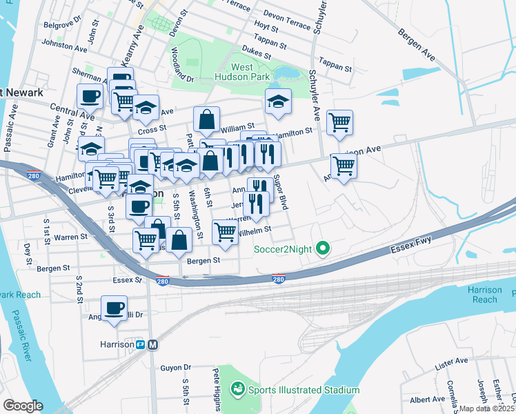 map of restaurants, bars, coffee shops, grocery stores, and more near 719 Jersey Street in Harrison