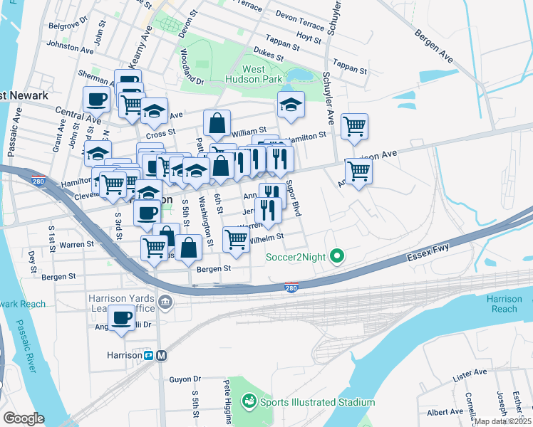 map of restaurants, bars, coffee shops, grocery stores, and more near 719 Jersey Street in Harrison