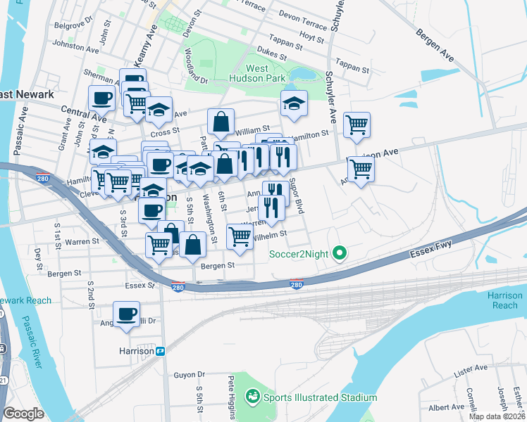 map of restaurants, bars, coffee shops, grocery stores, and more near 719 Jersey Street in Harrison