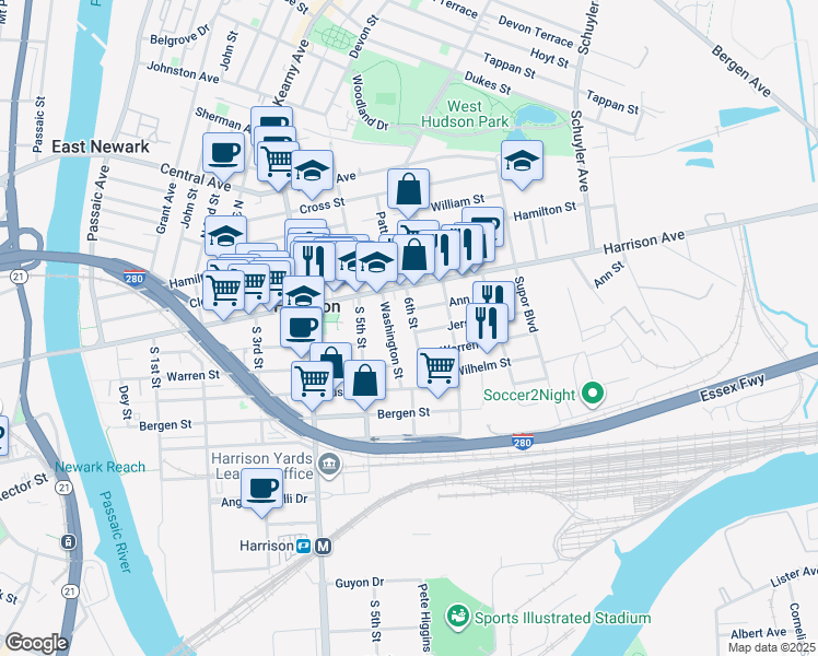 map of restaurants, bars, coffee shops, grocery stores, and more near 28 1/2 Washington Street in Harrison