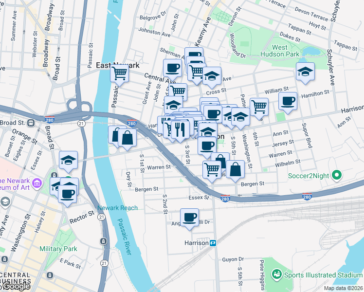 map of restaurants, bars, coffee shops, grocery stores, and more near 238 Harrison Avenue in Harrison