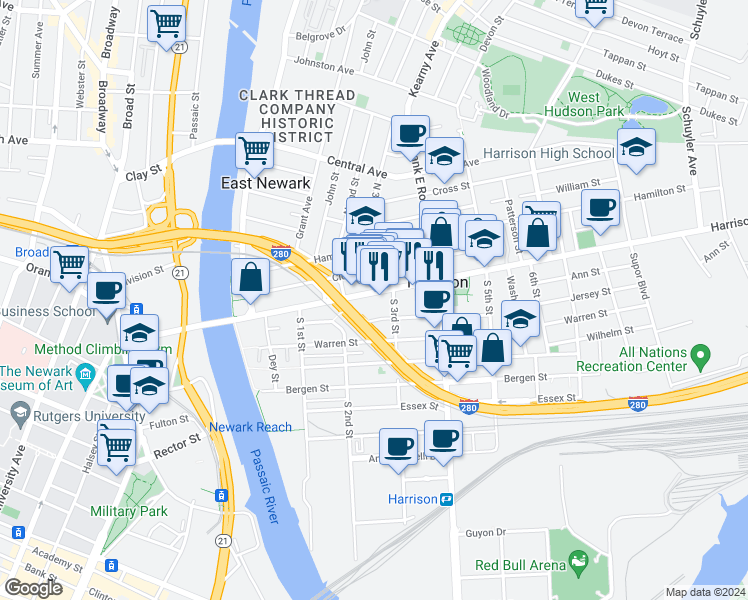 map of restaurants, bars, coffee shops, grocery stores, and more near 238 Harrison Avenue in Harrison