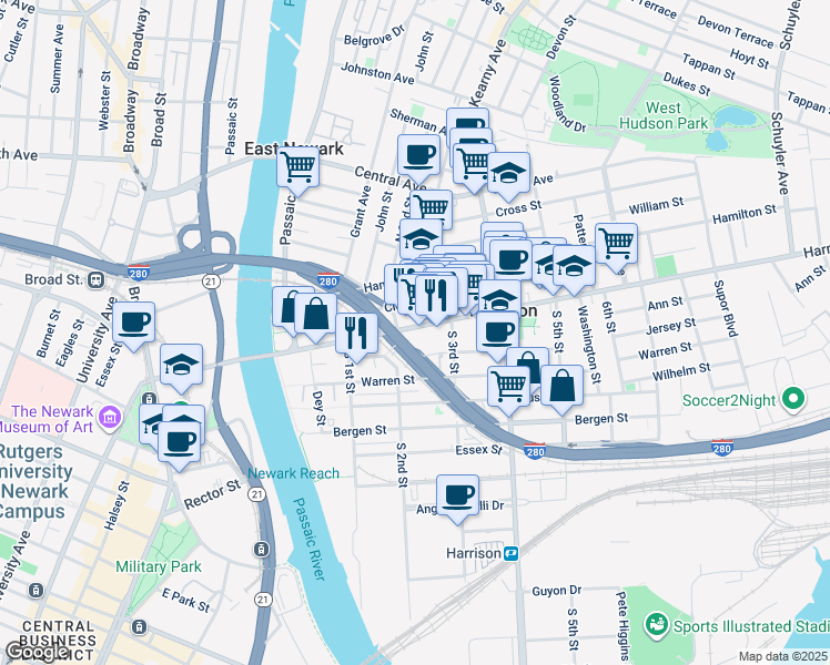 map of restaurants, bars, coffee shops, grocery stores, and more near in Harrison