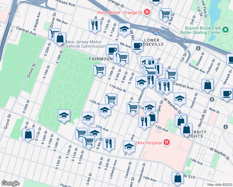 map of restaurants, bars, coffee shops, grocery stores, and more near in Newark