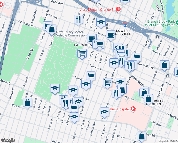 map of restaurants, bars, coffee shops, grocery stores, and more near 196 South 10th Street in Newark