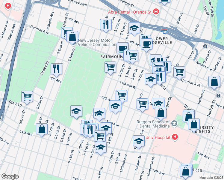 map of restaurants, bars, coffee shops, grocery stores, and more near 243 South 11th Street in Newark