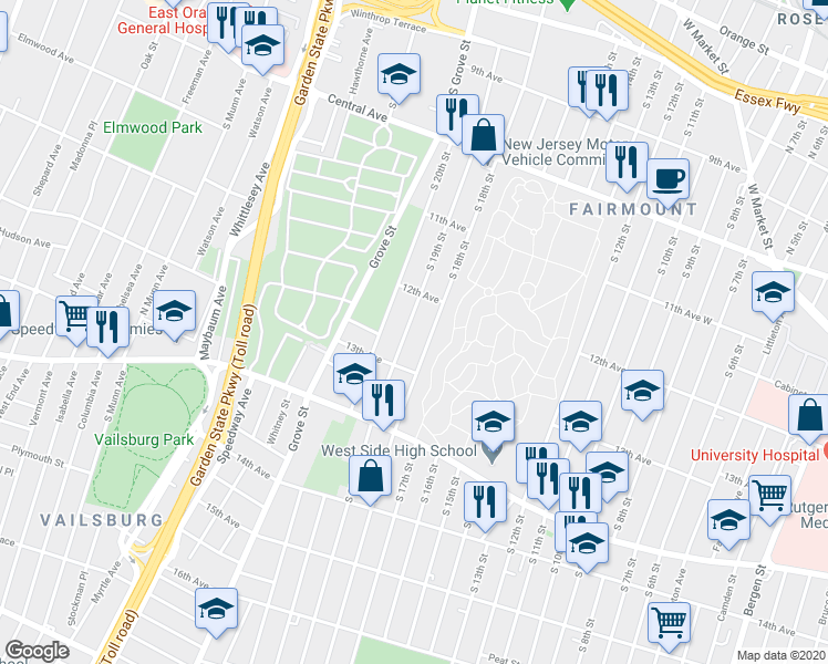 map of restaurants, bars, coffee shops, grocery stores, and more near 316 South 19th Street in Newark