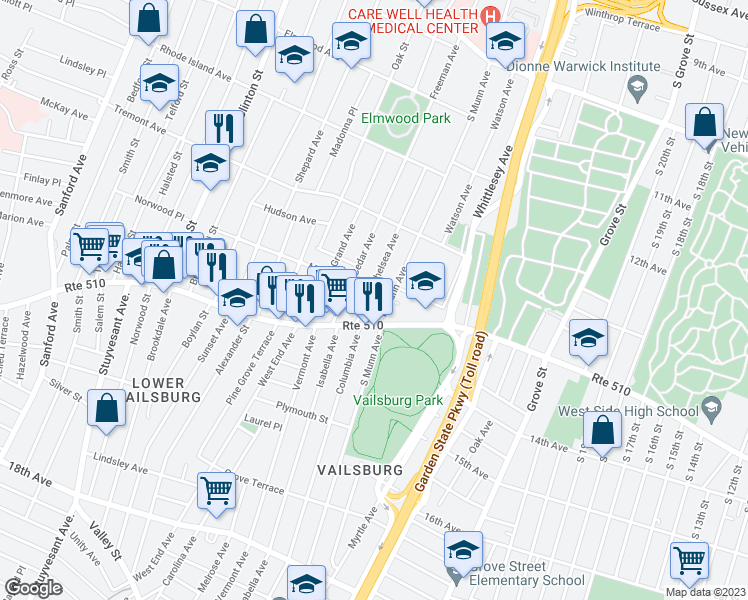 map of restaurants, bars, coffee shops, grocery stores, and more near 27 Chelsea Avenue in Newark