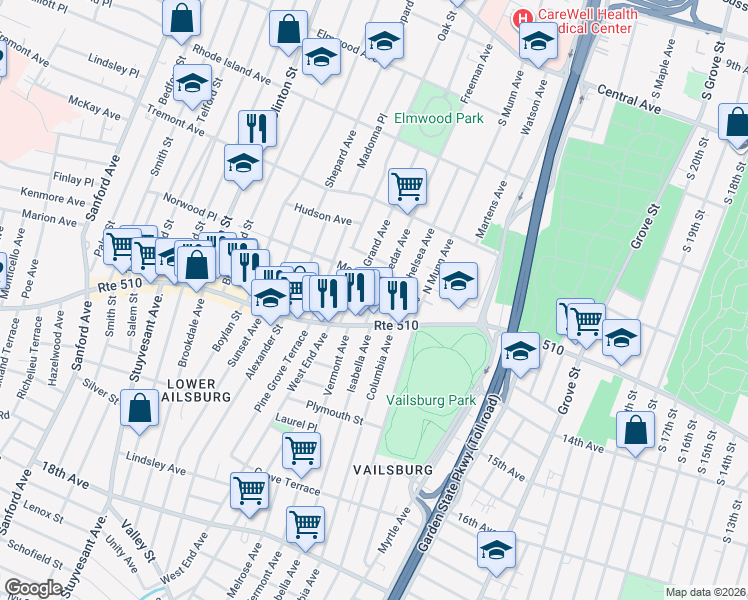map of restaurants, bars, coffee shops, grocery stores, and more near 21 Cedar Avenue in Newark