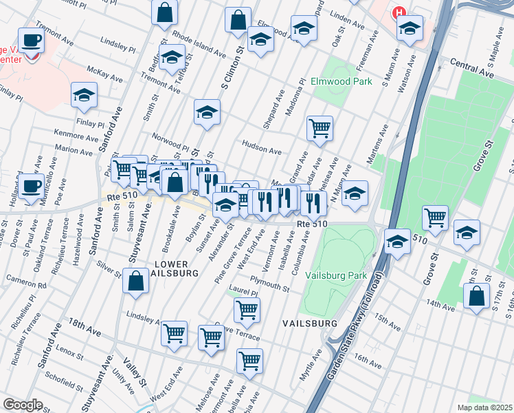 map of restaurants, bars, coffee shops, grocery stores, and more near 78 Arsdale Place in Newark