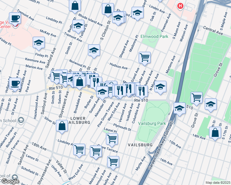 map of restaurants, bars, coffee shops, grocery stores, and more near 78 Arsdale Place in Newark