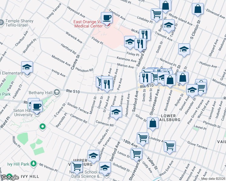 map of restaurants, bars, coffee shops, grocery stores, and more near 1111 South Orange Avenue in Newark