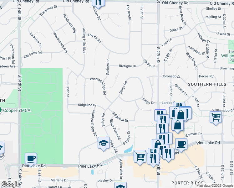 map of restaurants, bars, coffee shops, grocery stores, and more near 2350 Ridge Road in Lincoln