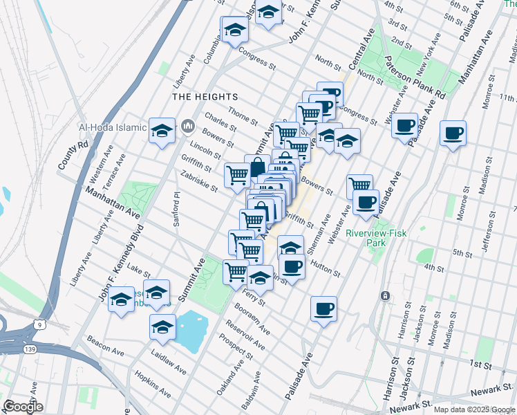 map of restaurants, bars, coffee shops, grocery stores, and more near 22 Zabriskie Street in Jersey City