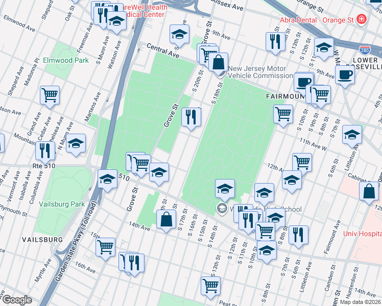 map of restaurants, bars, coffee shops, grocery stores, and more near 316 South 19th Street in Newark