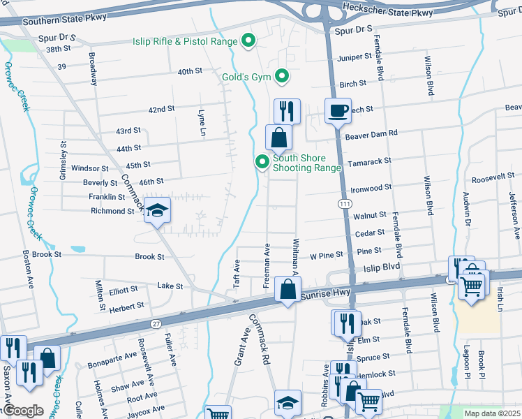 map of restaurants, bars, coffee shops, grocery stores, and more near 54 Princeton Street in Islip