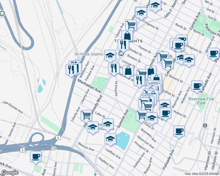 map of restaurants, bars, coffee shops, grocery stores, and more near 134 Sherman Place in Jersey City