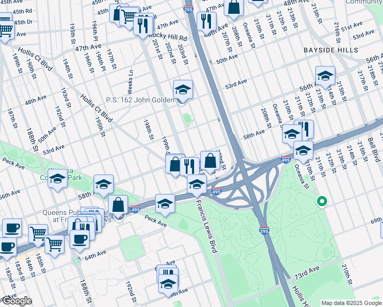 map of restaurants, bars, coffee shops, grocery stores, and more near 56-52 201st Street in Queens