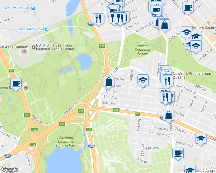 map of restaurants, bars, coffee shops, grocery stores, and more near 130-08 58th Avenue in Queens