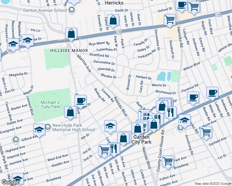map of restaurants, bars, coffee shops, grocery stores, and more near 166 Marcus Avenue in Garden City Park