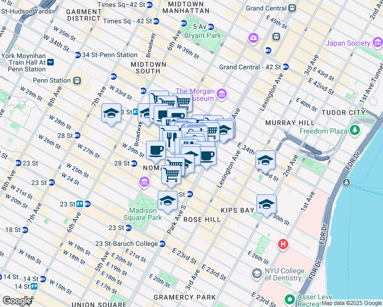 map of restaurants, bars, coffee shops, grocery stores, and more near 147 Madison Avenue in New York