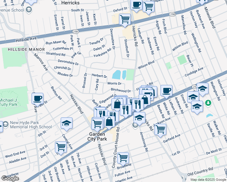 map of restaurants, bars, coffee shops, grocery stores, and more near 102 Kate Drive in New Hyde Park