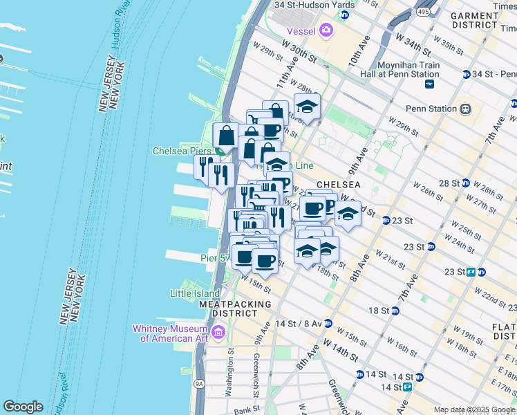 map of restaurants, bars, coffee shops, grocery stores, and more near 521 West 19th Street in New York