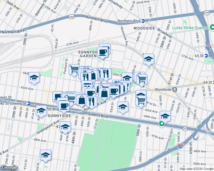 map of restaurants, bars, coffee shops, grocery stores, and more near 52nd Street in Queens