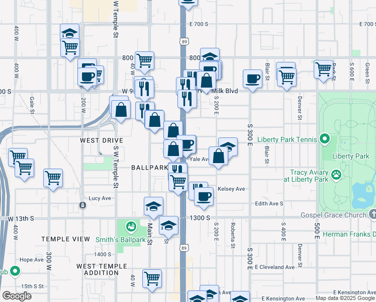 map of restaurants, bars, coffee shops, grocery stores, and more near 1065 State Street in Salt Lake City
