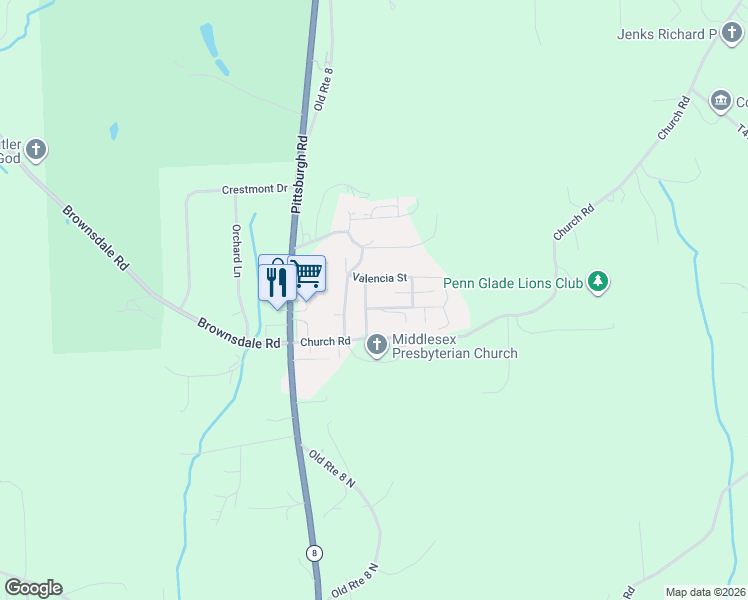 map of restaurants, bars, coffee shops, grocery stores, and more near 111 Monaco Street in Butler