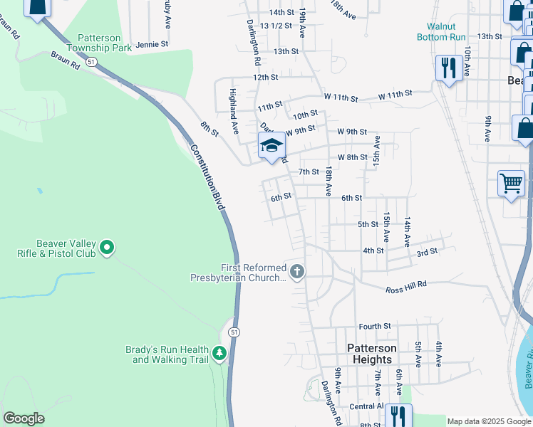 map of restaurants, bars, coffee shops, grocery stores, and more near 503 Hillcrest Avenue in Beaver Falls