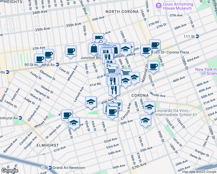 map of restaurants, bars, coffee shops, grocery stores, and more near 95-18 42nd Avenue in Queens