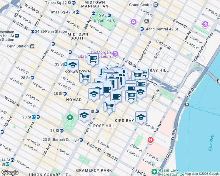 map of restaurants, bars, coffee shops, grocery stores, and more near 224 Park Avenue in New York