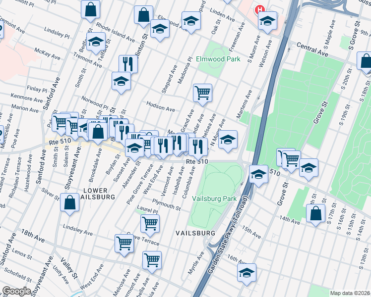 map of restaurants, bars, coffee shops, grocery stores, and more near 21 Cedar Avenue in Newark