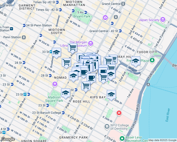 map of restaurants, bars, coffee shops, grocery stores, and more near 1 Park Avenue in New York