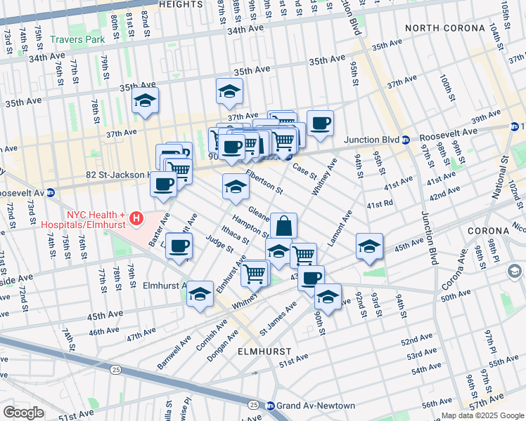 map of restaurants, bars, coffee shops, grocery stores, and more near 88-11 Elmhurst Avenue in Queens