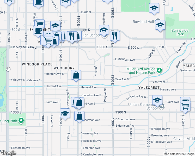 map of restaurants, bars, coffee shops, grocery stores, and more near 1205 Yale Avenue South in Salt Lake City