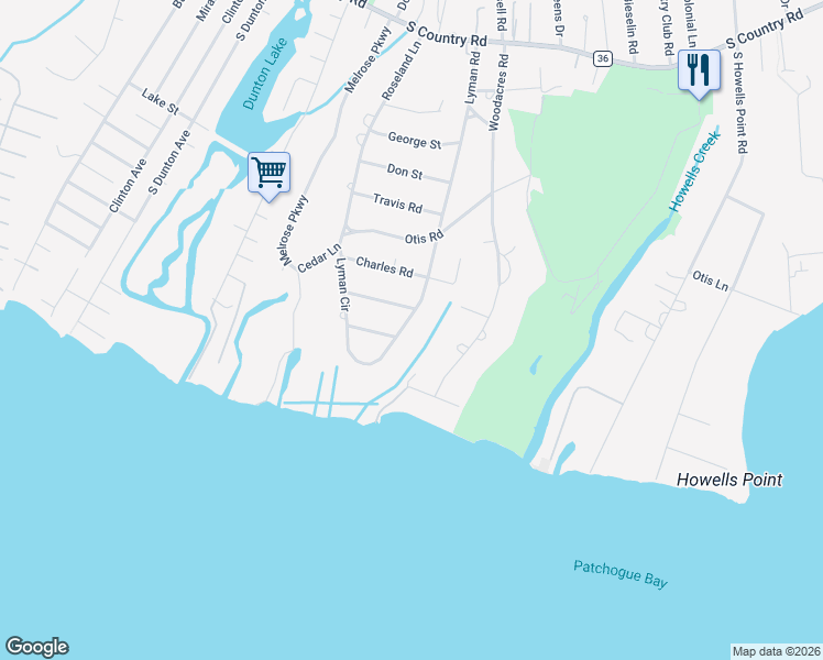 map of restaurants, bars, coffee shops, grocery stores, and more near 224 Lyman Road in East Patchogue