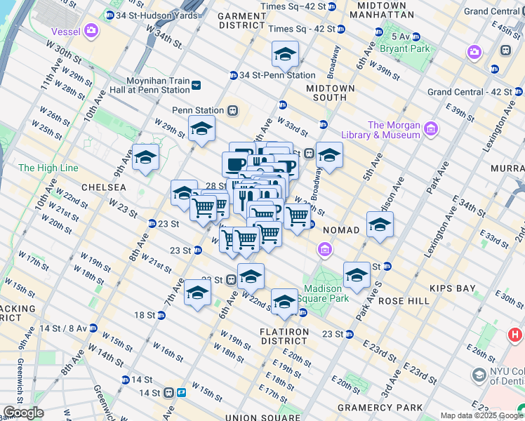 map of restaurants, bars, coffee shops, grocery stores, and more near 121 West 27th Street in New York