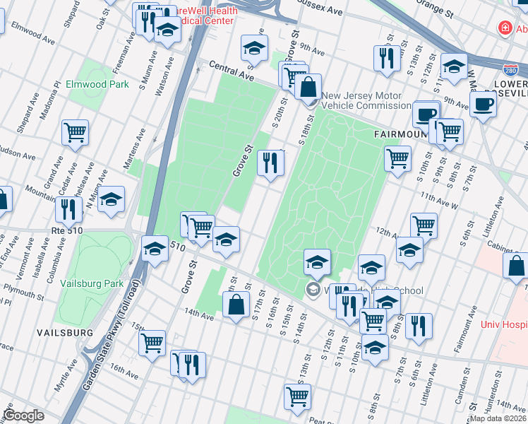 map of restaurants, bars, coffee shops, grocery stores, and more near 316 South 19th Street in Newark