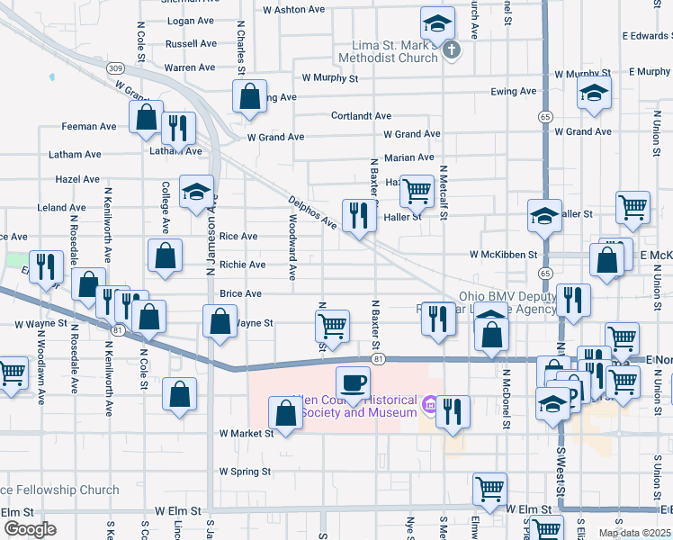map of restaurants, bars, coffee shops, grocery stores, and more near 847 Richie Avenue in Lima