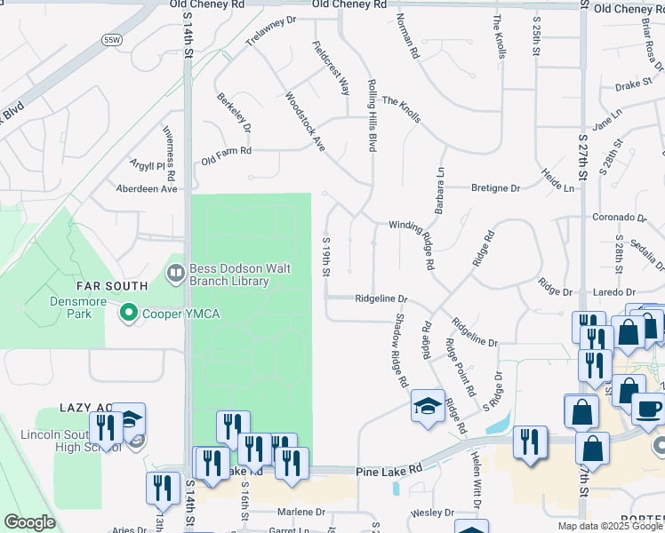 map of restaurants, bars, coffee shops, grocery stores, and more near 6610 South 19th Street in Lincoln