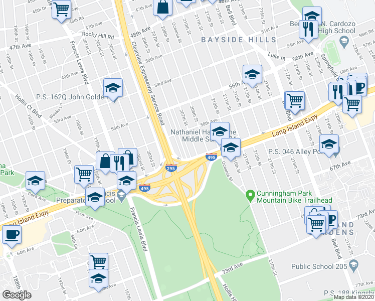 map of restaurants, bars, coffee shops, grocery stores, and more near 58-45 206th Street in Queens