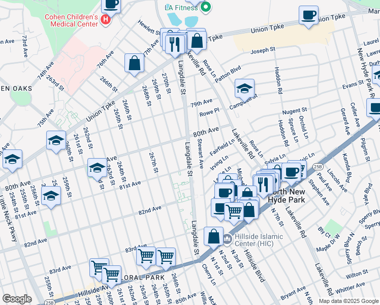 map of restaurants, bars, coffee shops, grocery stores, and more near Langdale Street in New Hyde Park