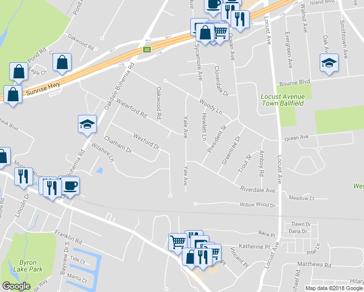 map of restaurants, bars, coffee shops, grocery stores, and more near 94 Yale Avenue in Oakdale
