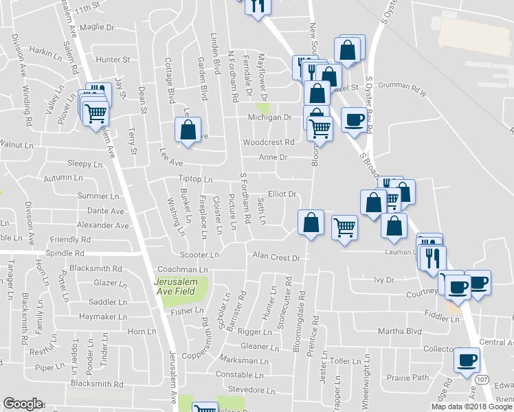map of restaurants, bars, coffee shops, grocery stores, and more near 29 Seth Lane in Hicksville