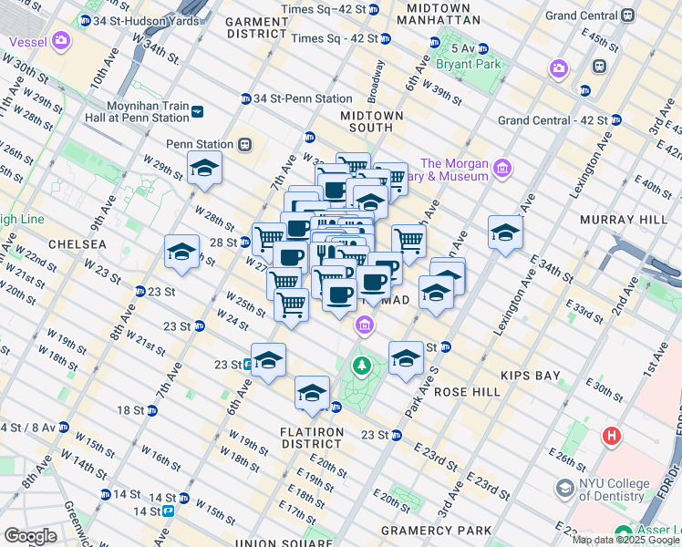 map of restaurants, bars, coffee shops, grocery stores, and more near 1195 Broadway in New York