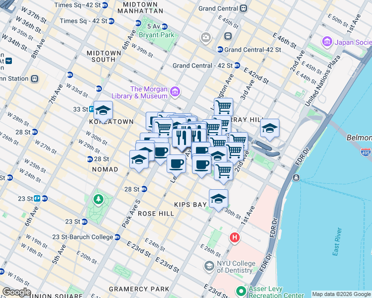 map of restaurants, bars, coffee shops, grocery stores, and more near in New York