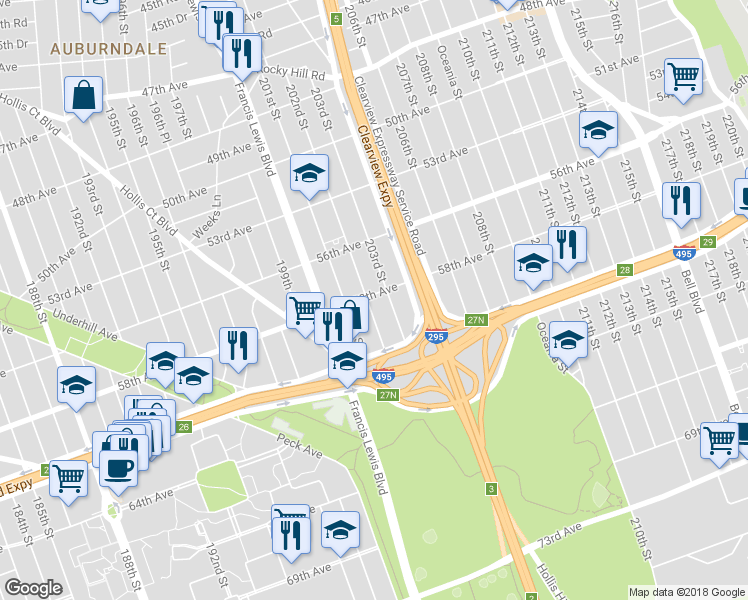 map of restaurants, bars, coffee shops, grocery stores, and more near 58-03 202nd Street in Queens